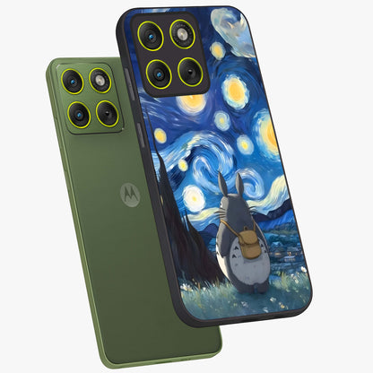 Totoro In Van Gogh Art Glass Case displayed in angled mockup highlighting artistic swirling sky design with playful animation aesthetic.