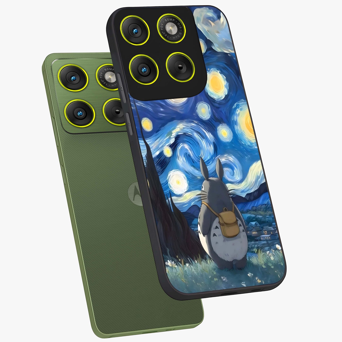 Totoro In Van Gogh Art Glass Case displayed in angled mockup highlighting artistic swirling sky design with playful animation aesthetic.