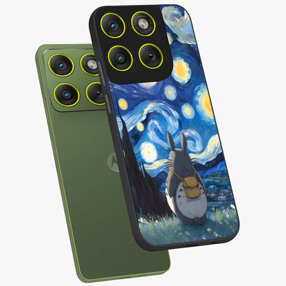 Totoro In Van Gogh Art Glass Case displayed in angled mockup highlighting artistic swirling sky design with playful animation aesthetic.