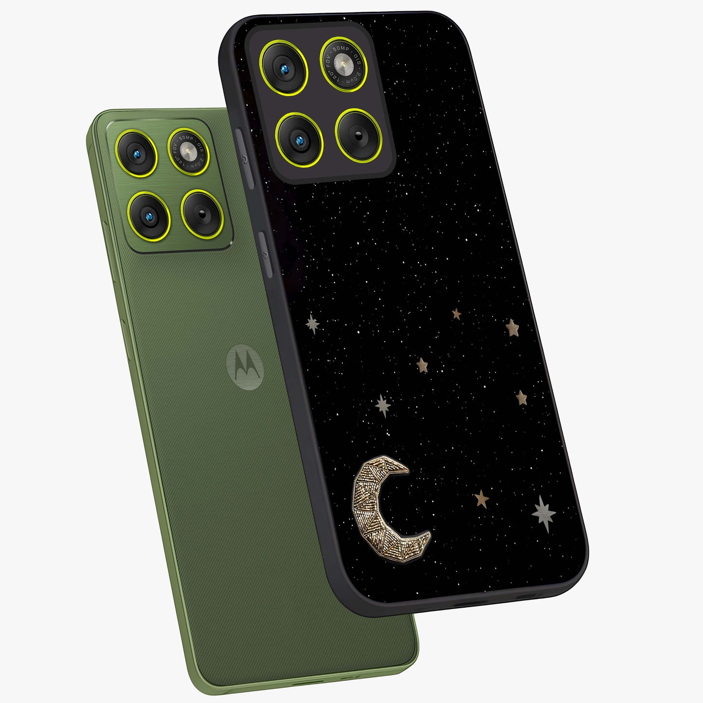 Twinkle Star With Half Moon Glass Case displayed in angled mockup highlighting celestial moon and star design with magical aesthetic.