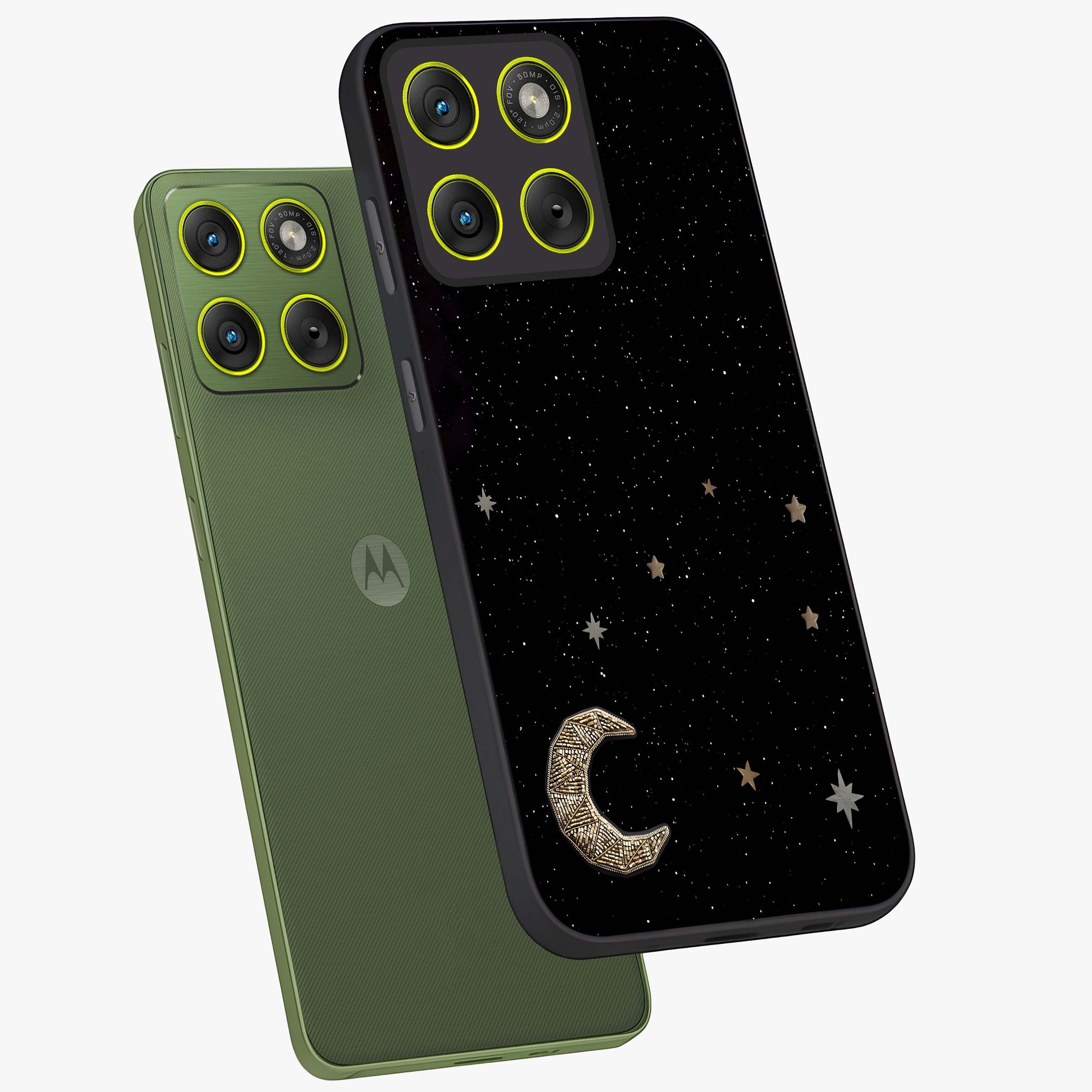 Twinkle Star With Half Moon Glass Case displayed in angled mockup highlighting celestial moon and star design with magical aesthetic.