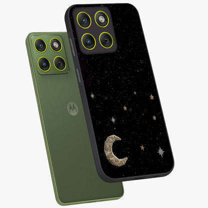Twinkle Star With Half Moon Glass Case displayed in angled mockup highlighting celestial moon and star design with magical aesthetic.