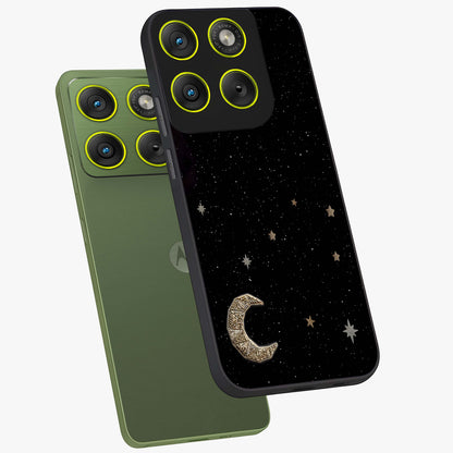 Twinkle Star With Half Moon Glass Case displayed in angled mockup highlighting celestial moon and star design with magical aesthetic.