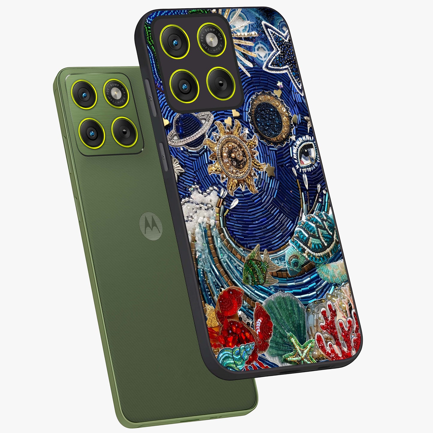 Universe Underwater Spark Glass Case displayed in angled mockup highlighting glowing aquatic design with celestial aesthetic.