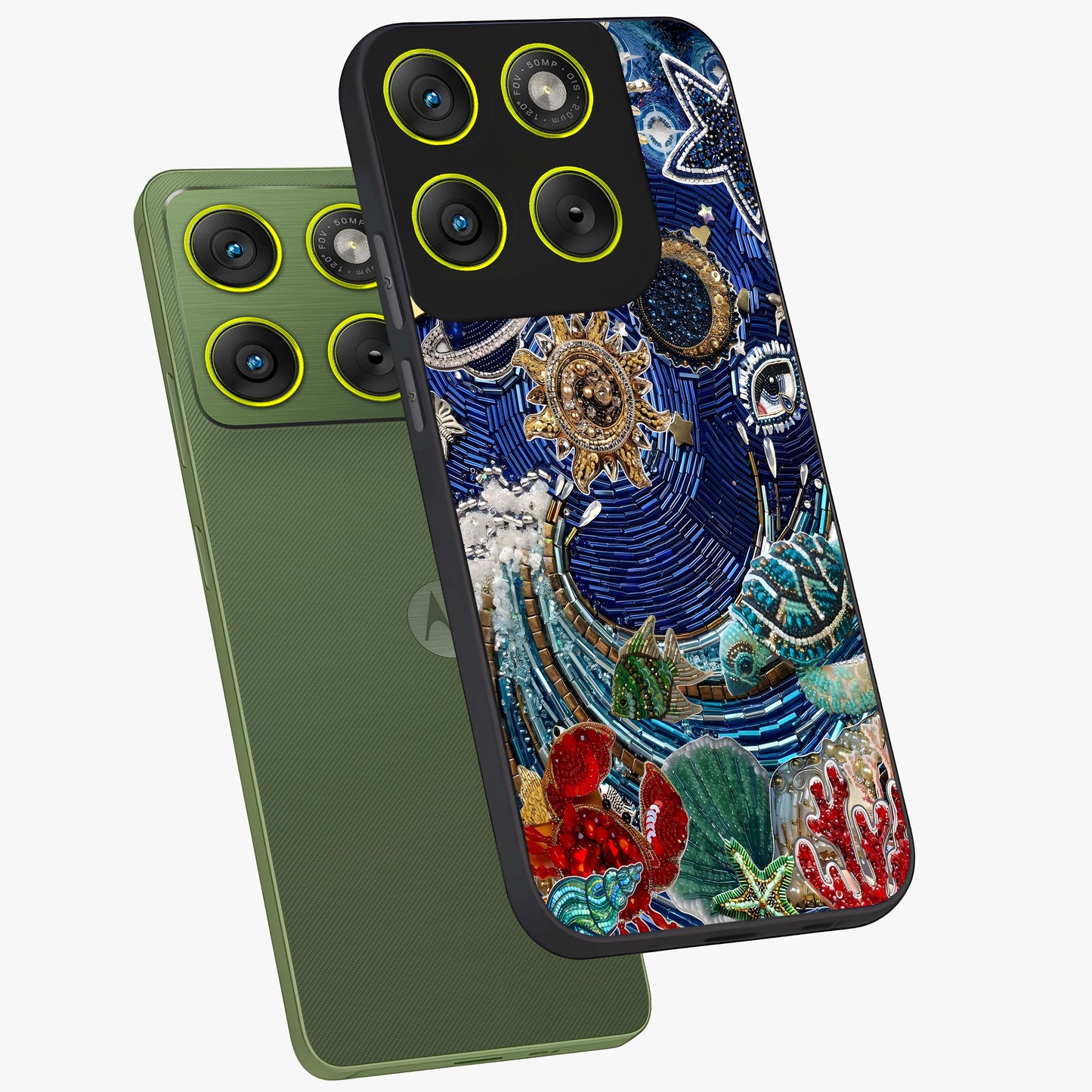Universe Underwater Spark Glass Case displayed in angled mockup highlighting glowing aquatic design with celestial aesthetic.