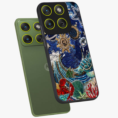 Universe Underwater Spark Glass Case displayed in angled mockup highlighting glowing aquatic design with celestial aesthetic.
