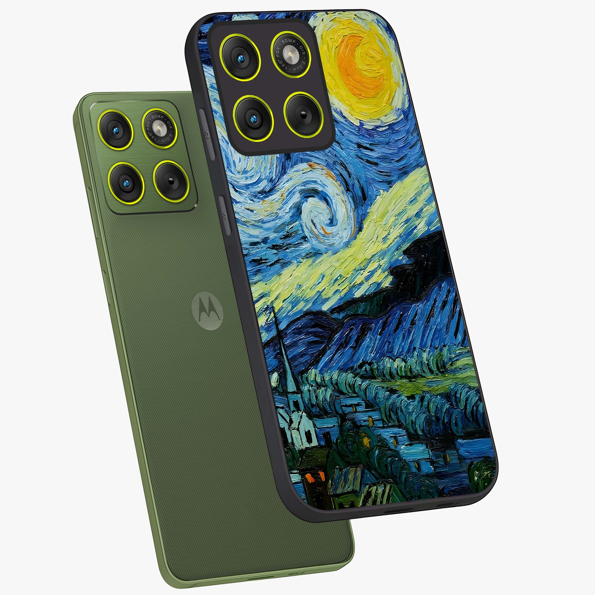 Van Gogh Art Glass Case displayed in angled mockup highlighting swirling brushstroke design with artistic aesthetic.