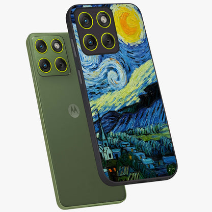 Van Gogh Art Glass Case displayed in angled mockup highlighting swirling brushstroke design with artistic aesthetic.