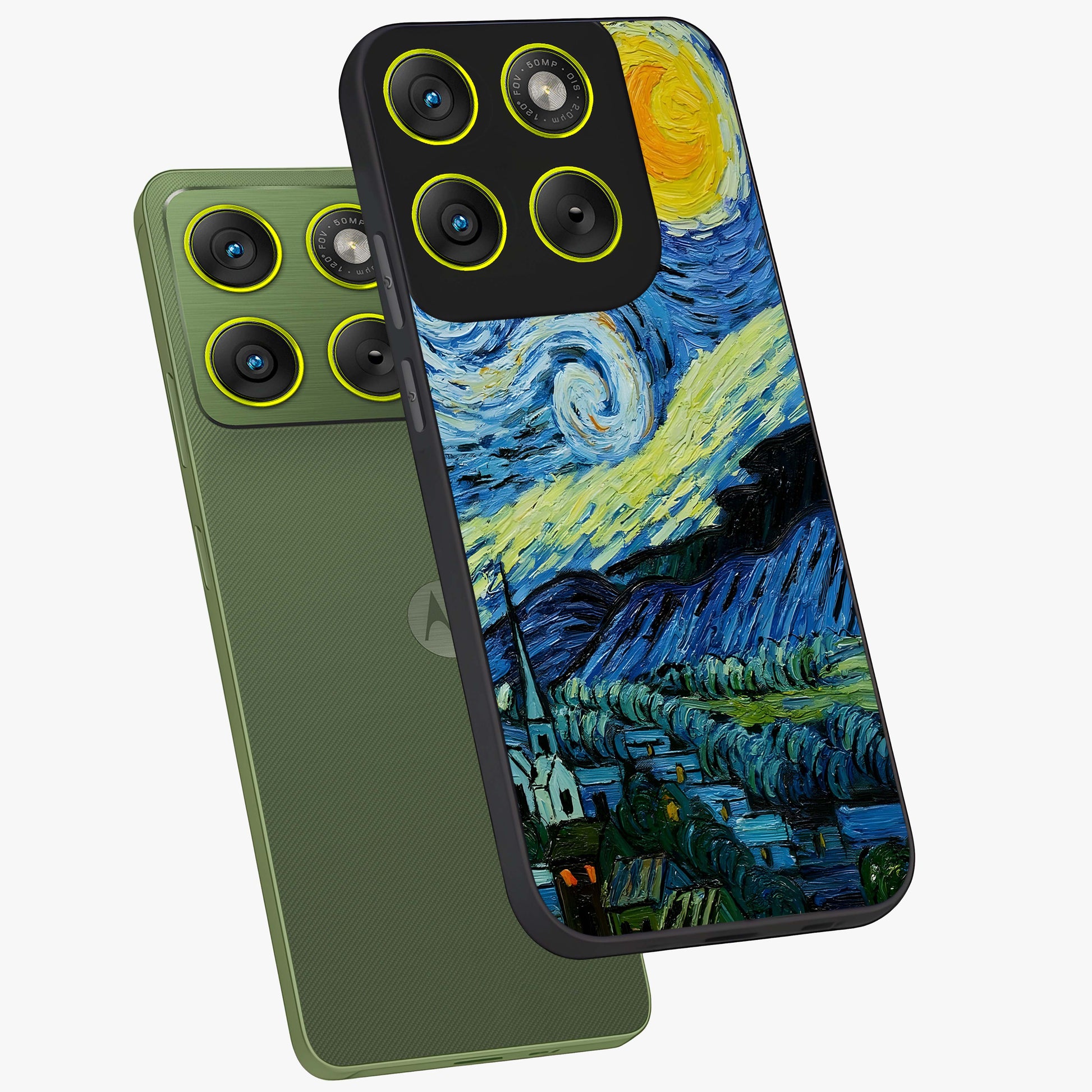 Van Gogh Art Glass Case displayed in angled mockup highlighting swirling brushstroke design with artistic aesthetic.