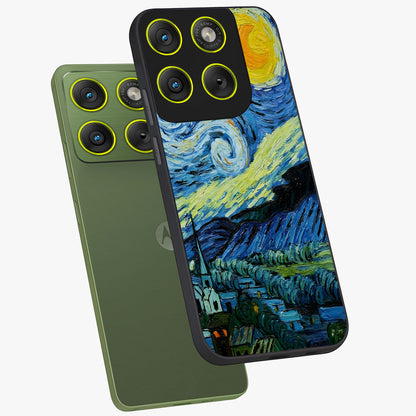 Van Gogh Art Glass Case displayed in angled mockup highlighting swirling brushstroke design with artistic aesthetic.