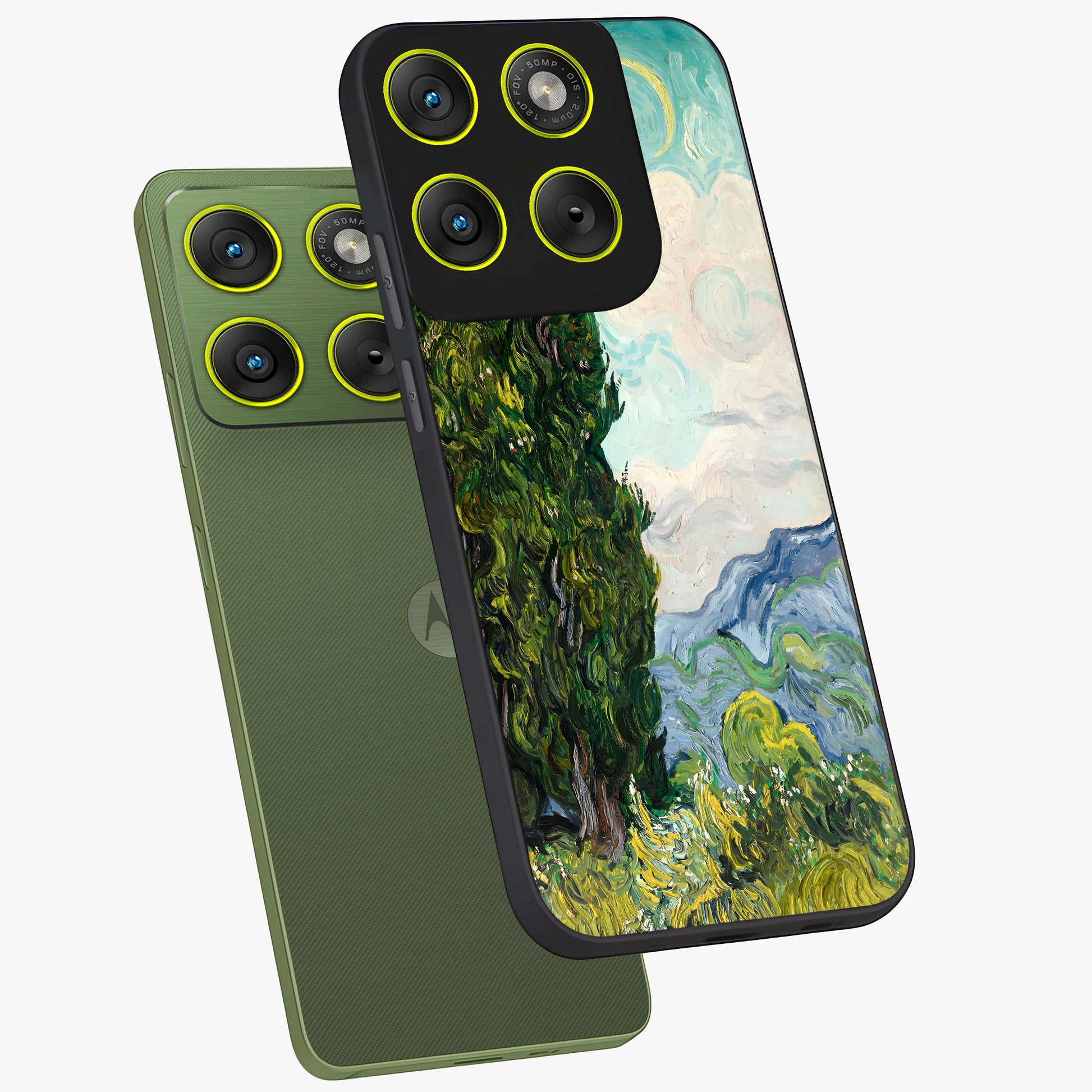 Van Gogh Vintage Art Glass Case displayed in angled mockup highlighting textured brushstroke design with classic aesthetic.