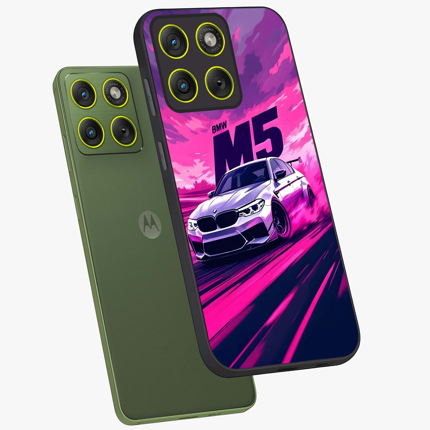 Velocity Drift Pulse Glass Case displayed in angled mockup highlighting dynamic drift design with sporty automotive aesthetic.