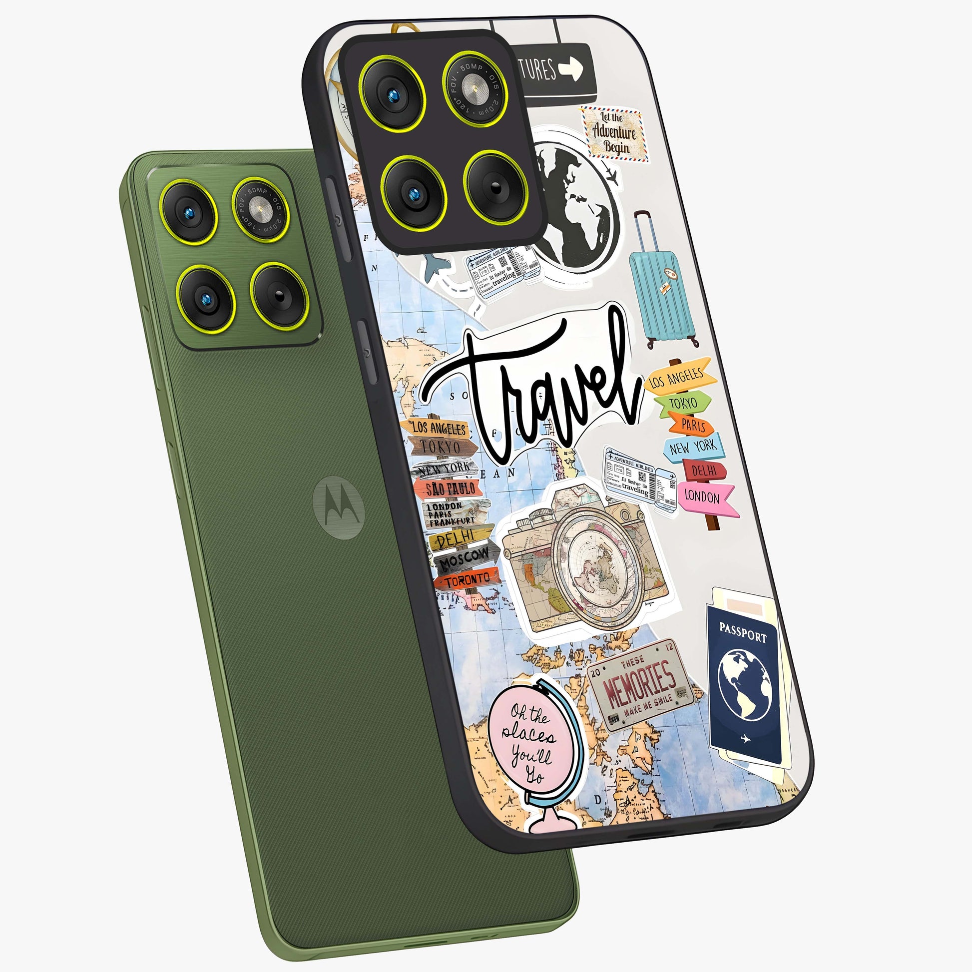 Wanderlust Journal Glass Case displayed in angled mockup highlighting adventure themed design with aesthetic travel vibe.