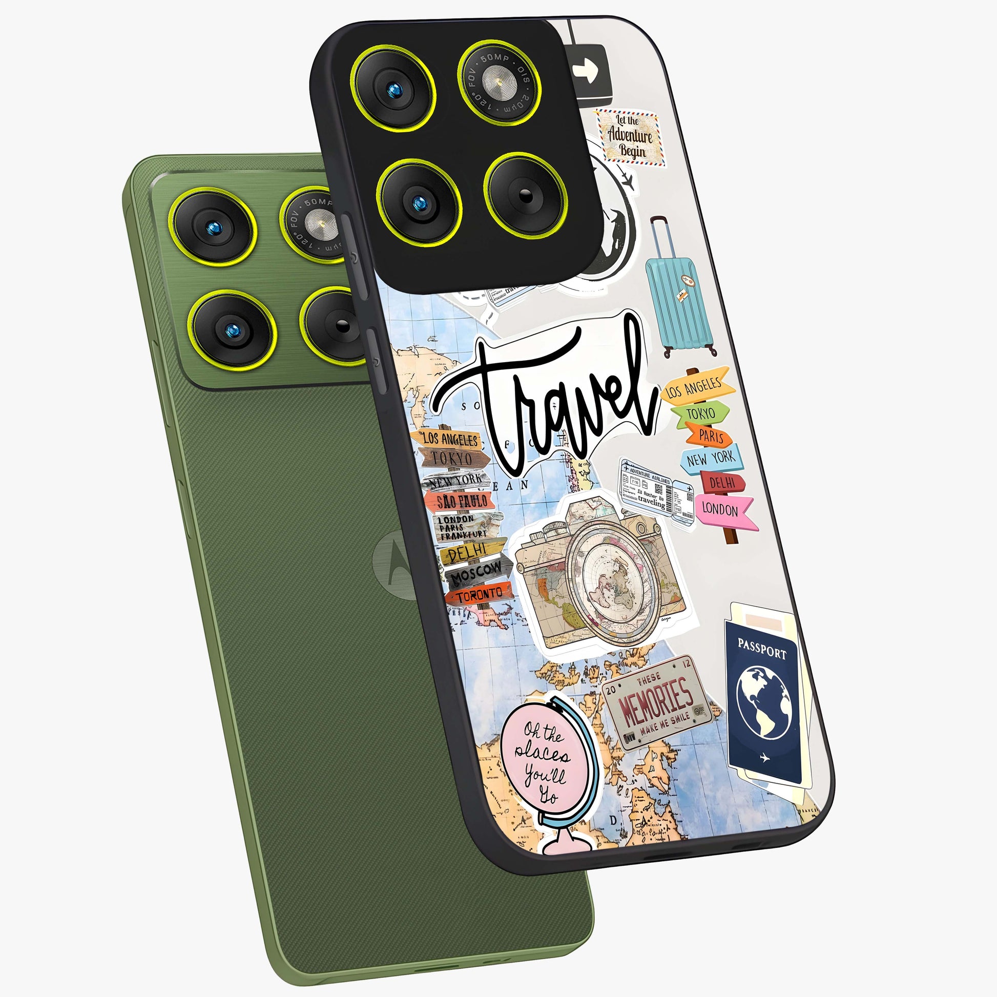 Wanderlust Journal Glass Case displayed in angled mockup highlighting adventure themed design with aesthetic travel vibe.