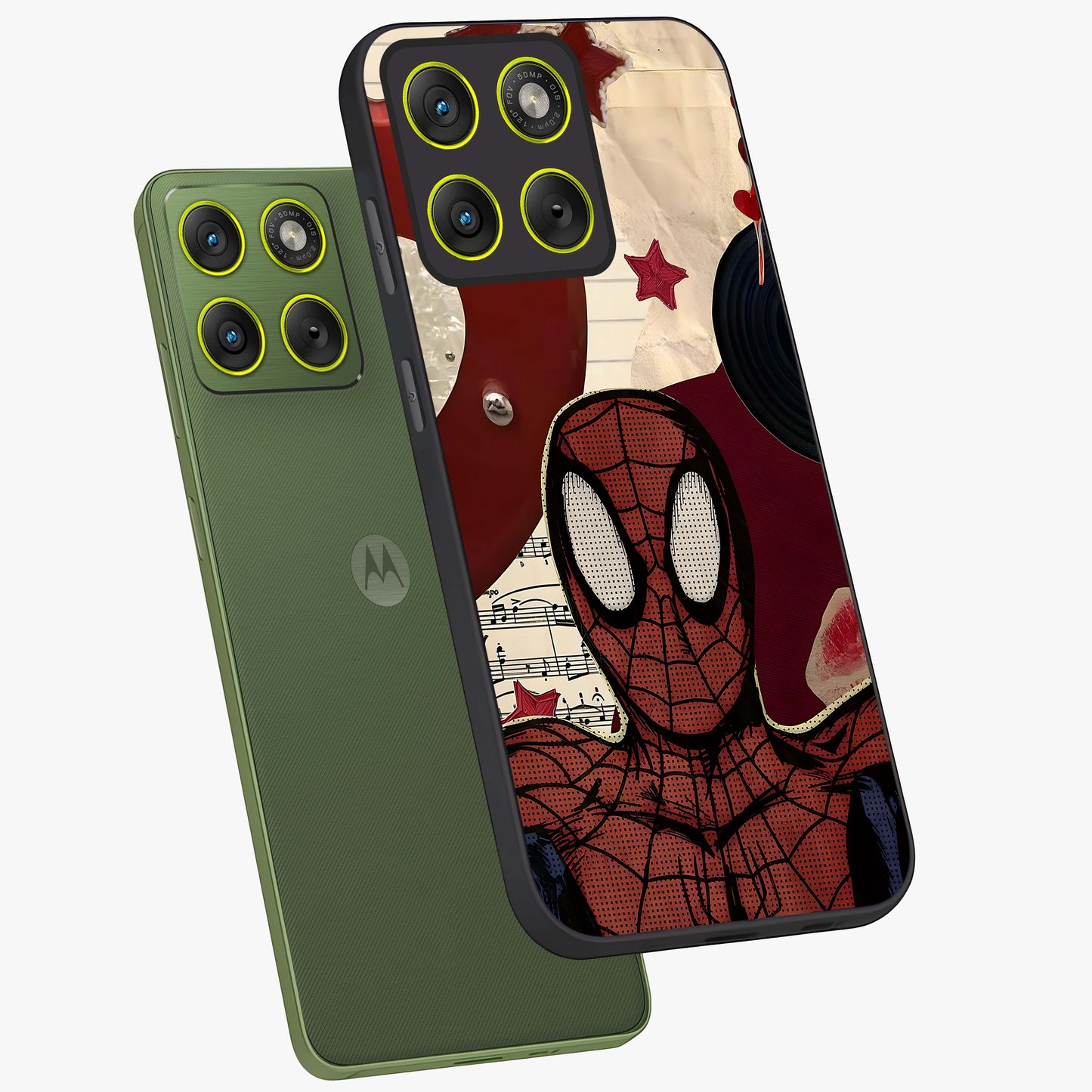 Web Warrior Vibes Glass Case displayed in angled mockup highlighting dynamic web design with comic style aesthetic.
