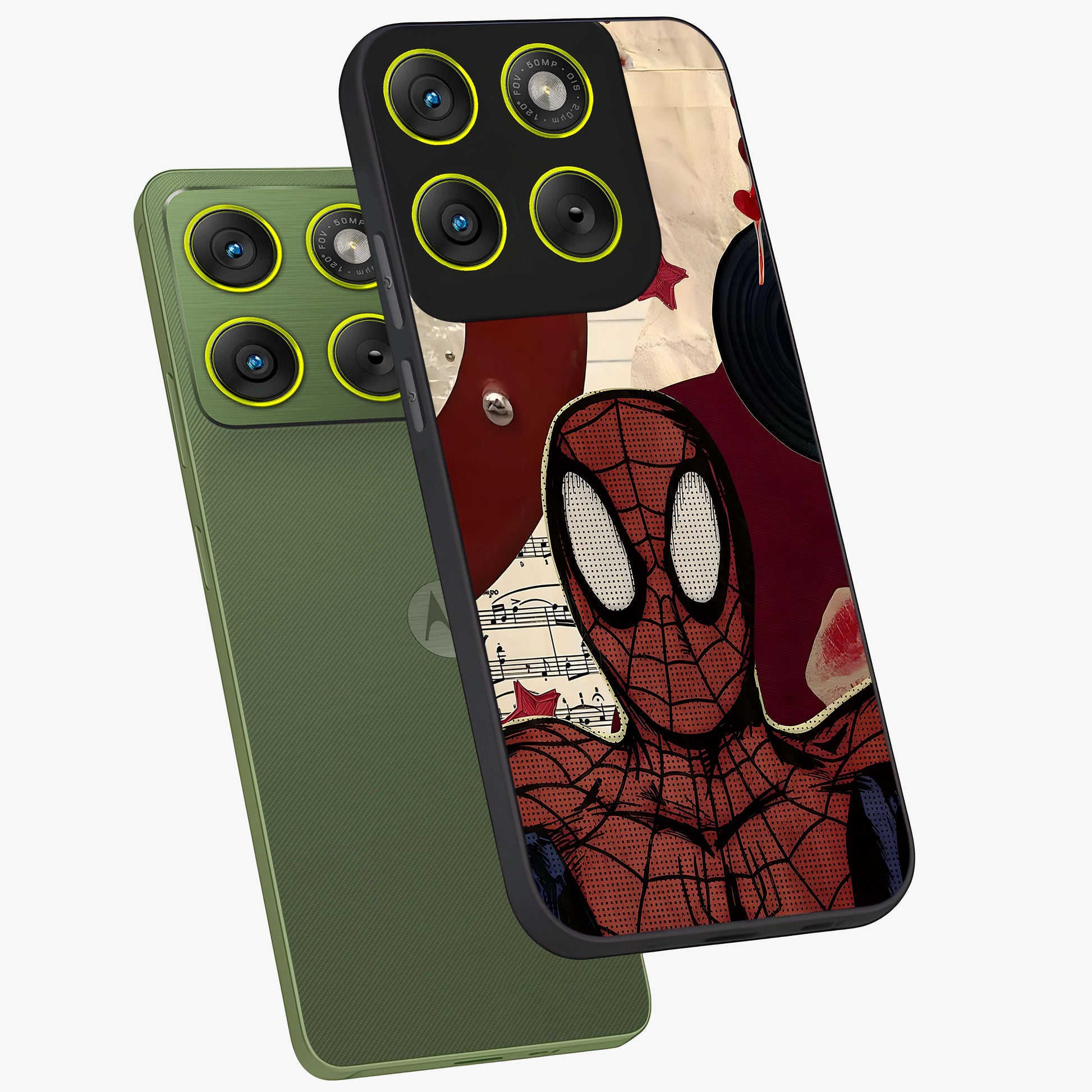 Web Warrior Vibes Glass Case displayed in angled mockup highlighting dynamic web design with comic style aesthetic.