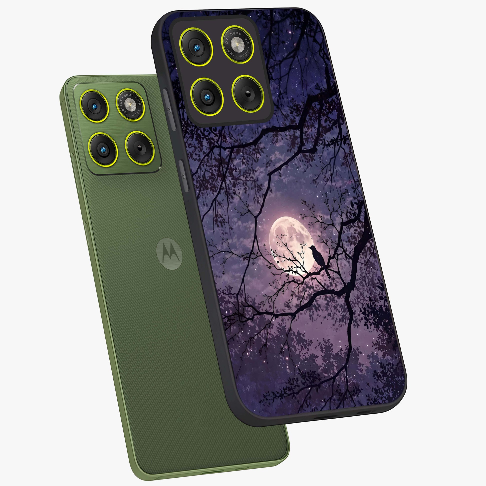Whispering Moon Silence Glass Case displayed in angled mockup highlighting calm lunar design with dreamy night aesthetic.