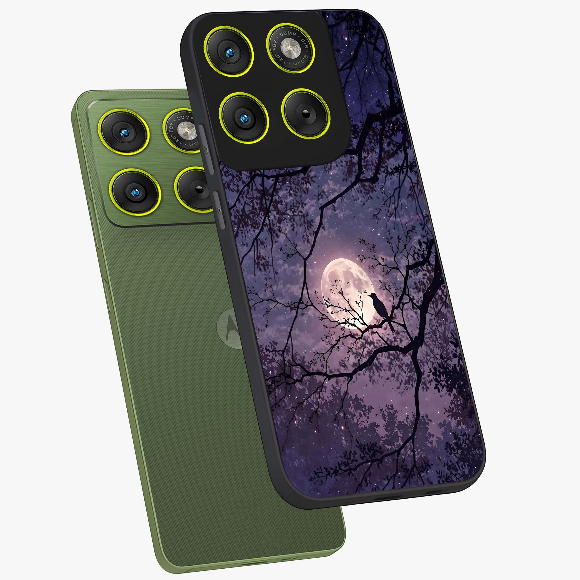 Whispering Moon Silence Glass Case displayed in angled mockup highlighting calm lunar design with dreamy night aesthetic.