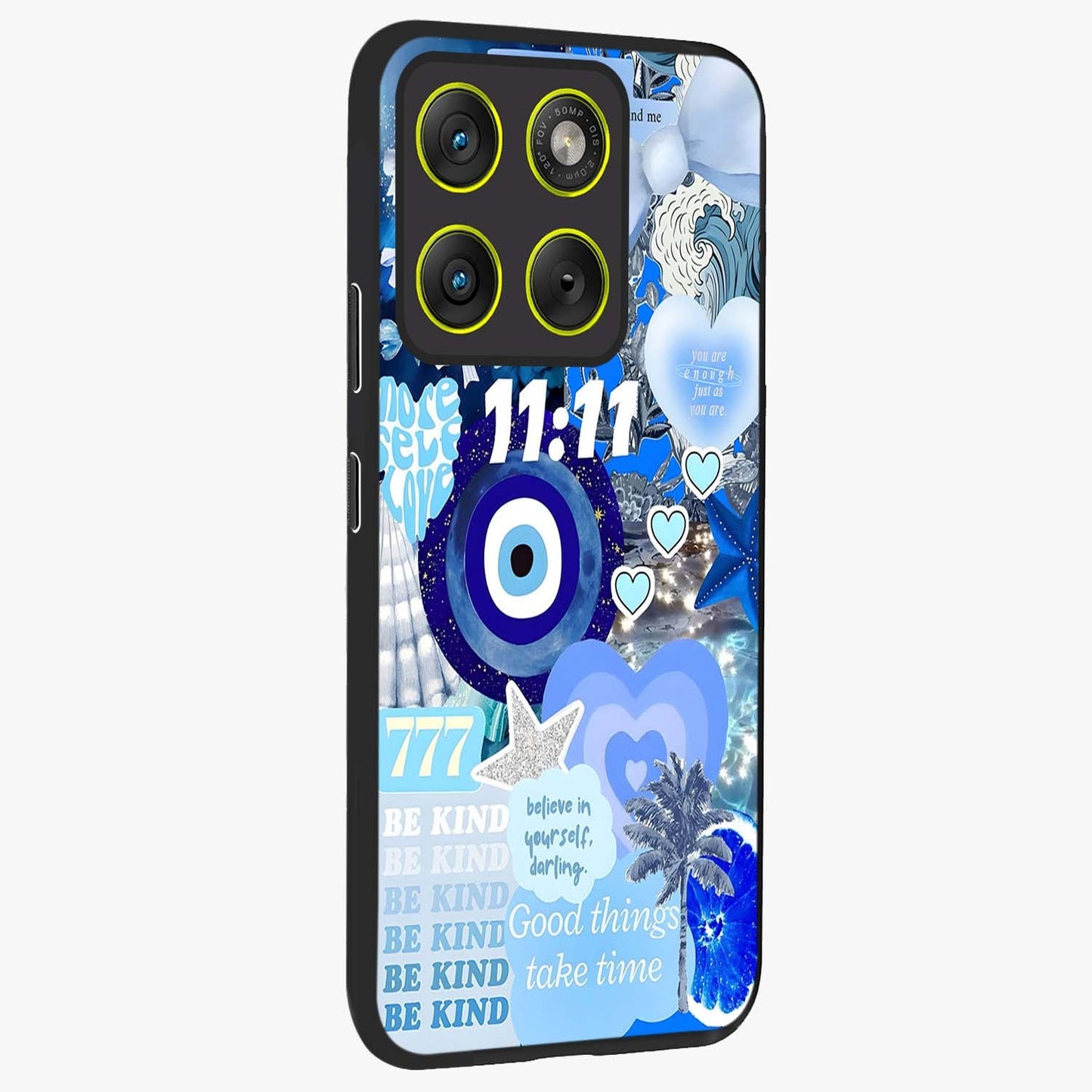 Aesthetic Be Kind Eye Glass Case upright view showcasing stylish eye illustration with positive message theme.