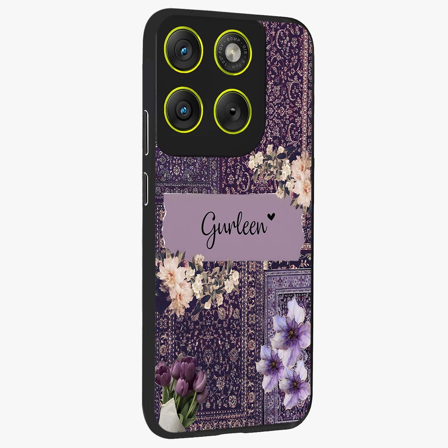Antique Floral Whisper Custom Name Glass Case upright view showcasing delicate floral artwork with custom name feature.