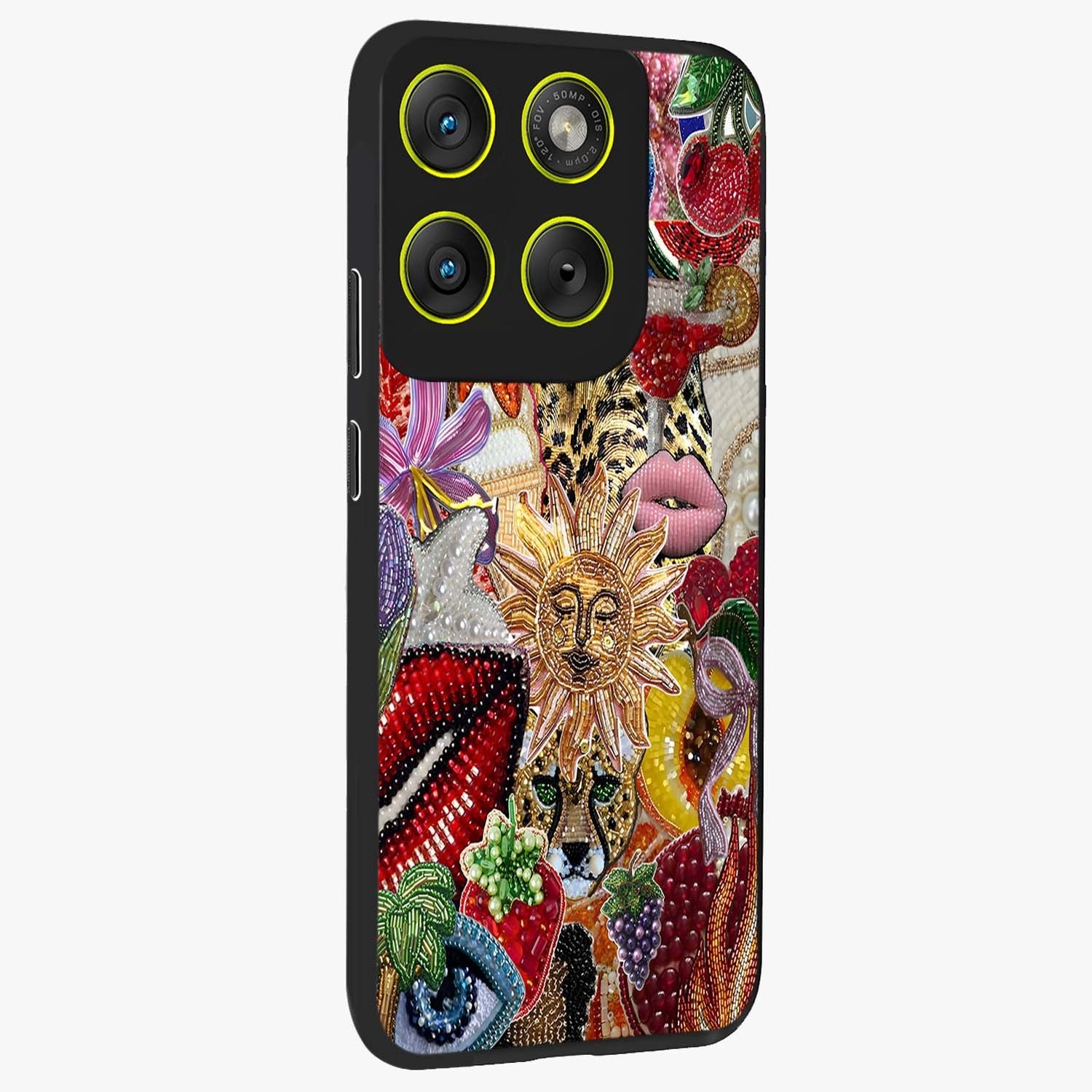 Beaded Fashion Jungle Glass Case upright view showcasing tropical jungle aesthetic with decorative bead elements.