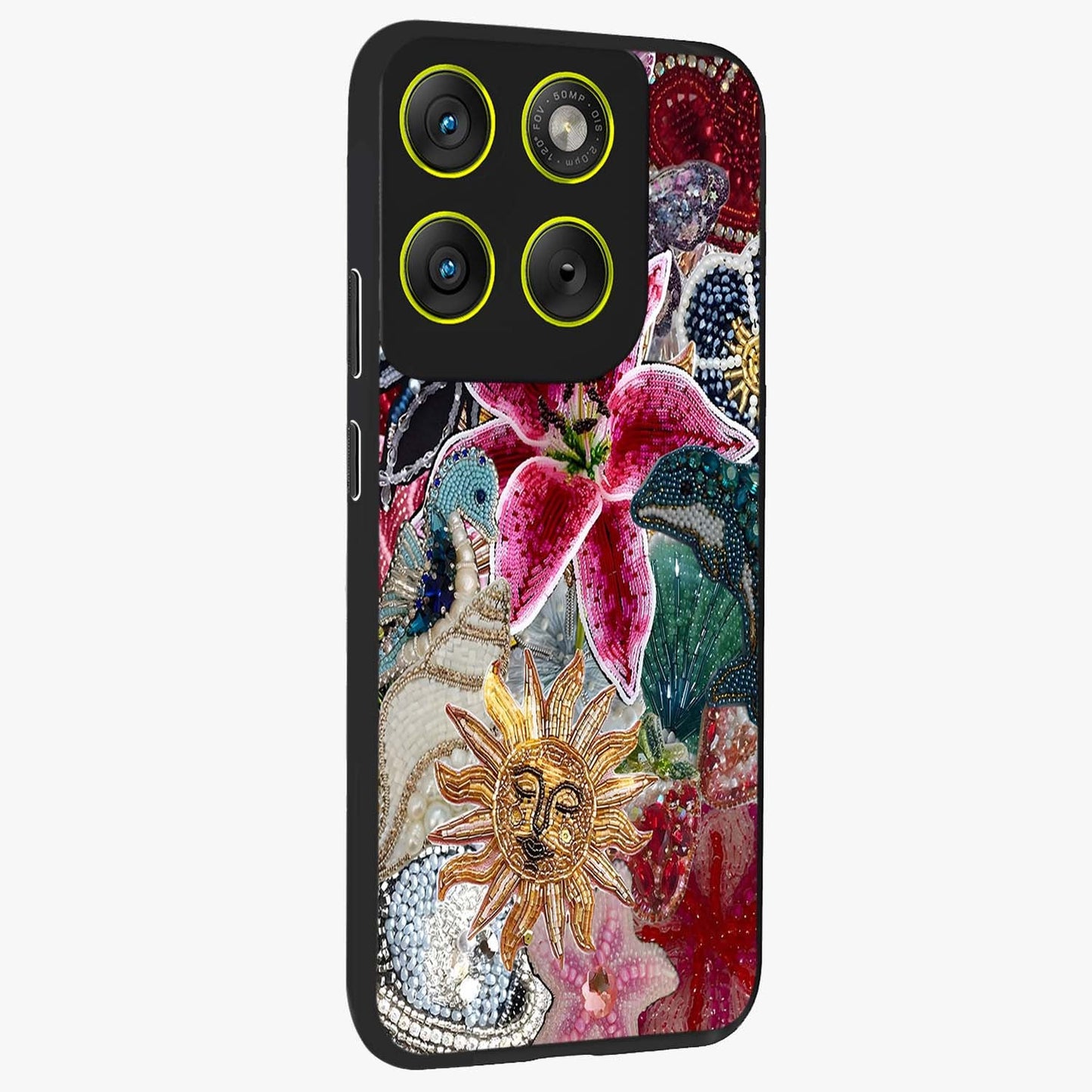 Beaded Garden Fantasy Glass Case upright view showcasing whimsical garden aesthetic with artistic bead details.
