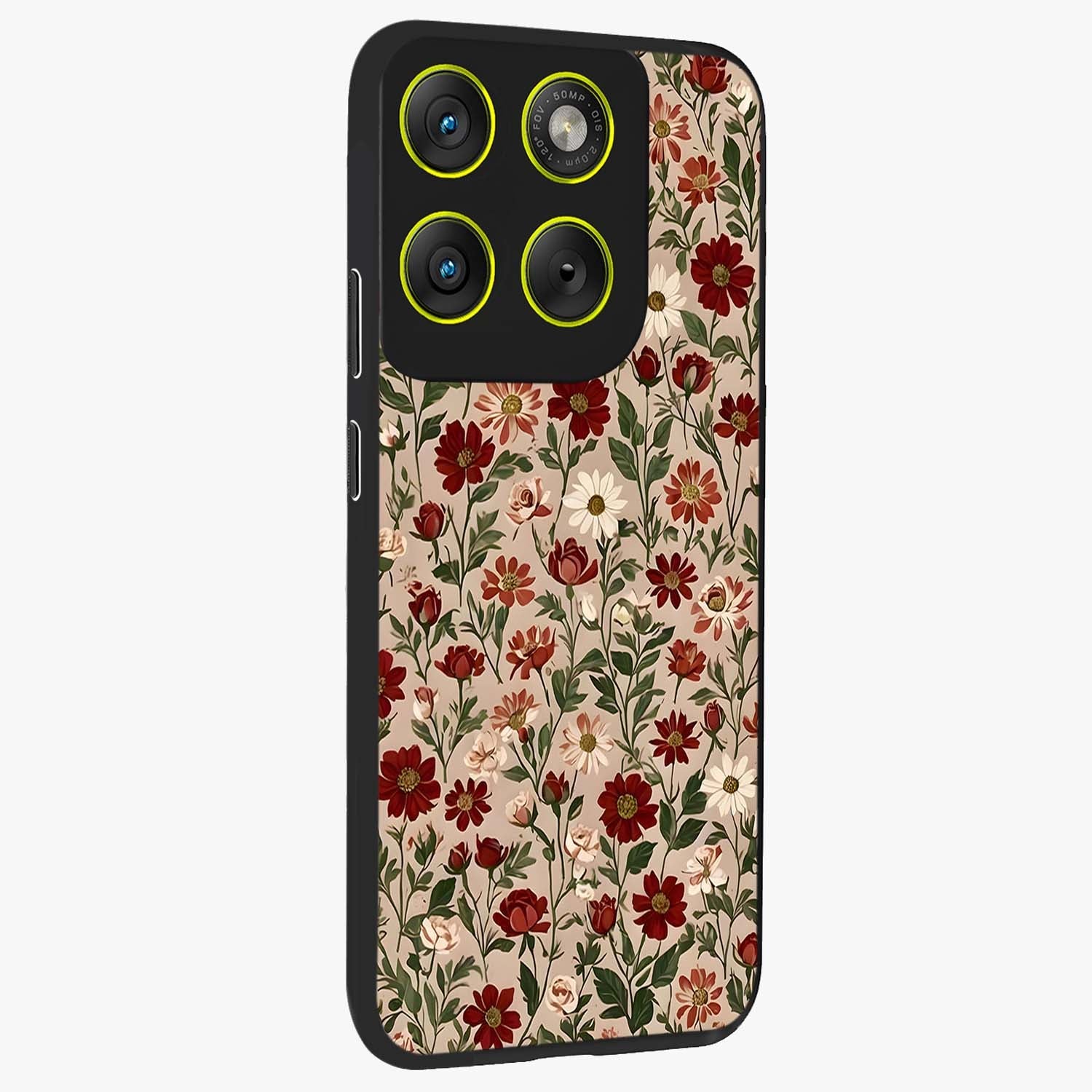 Biege Flower With Leaf Glass Case upright view showcasing delicate beige flower illustration with clean botanical style.