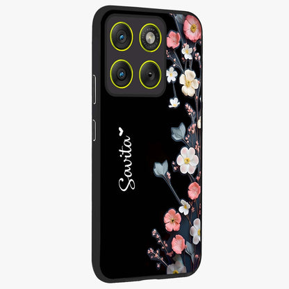 Black Elegance Floral Custom Name Glass Case upright view showcasing luxurious black floral design with personalized name detail.