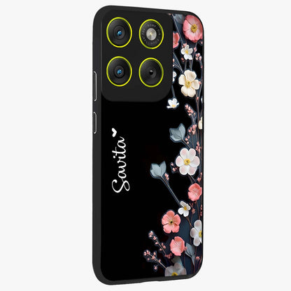 Black Elegance Floral Custom Name Glass Case upright view showcasing luxurious black floral design with personalized name detail.