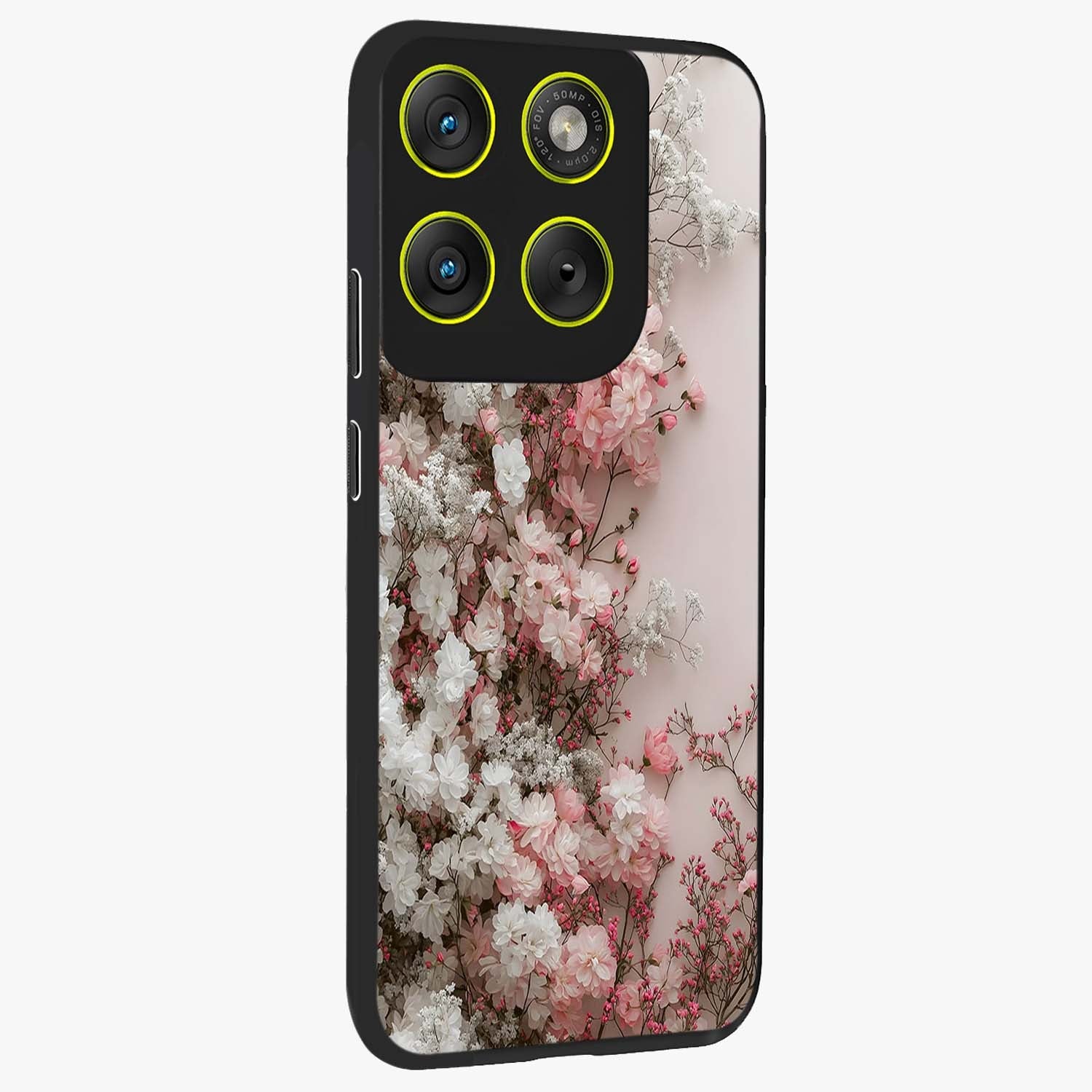 Blush Blossom Cloud Glass Case upright view showcasing calm floral cloud artwork with gentle dreamy theme.