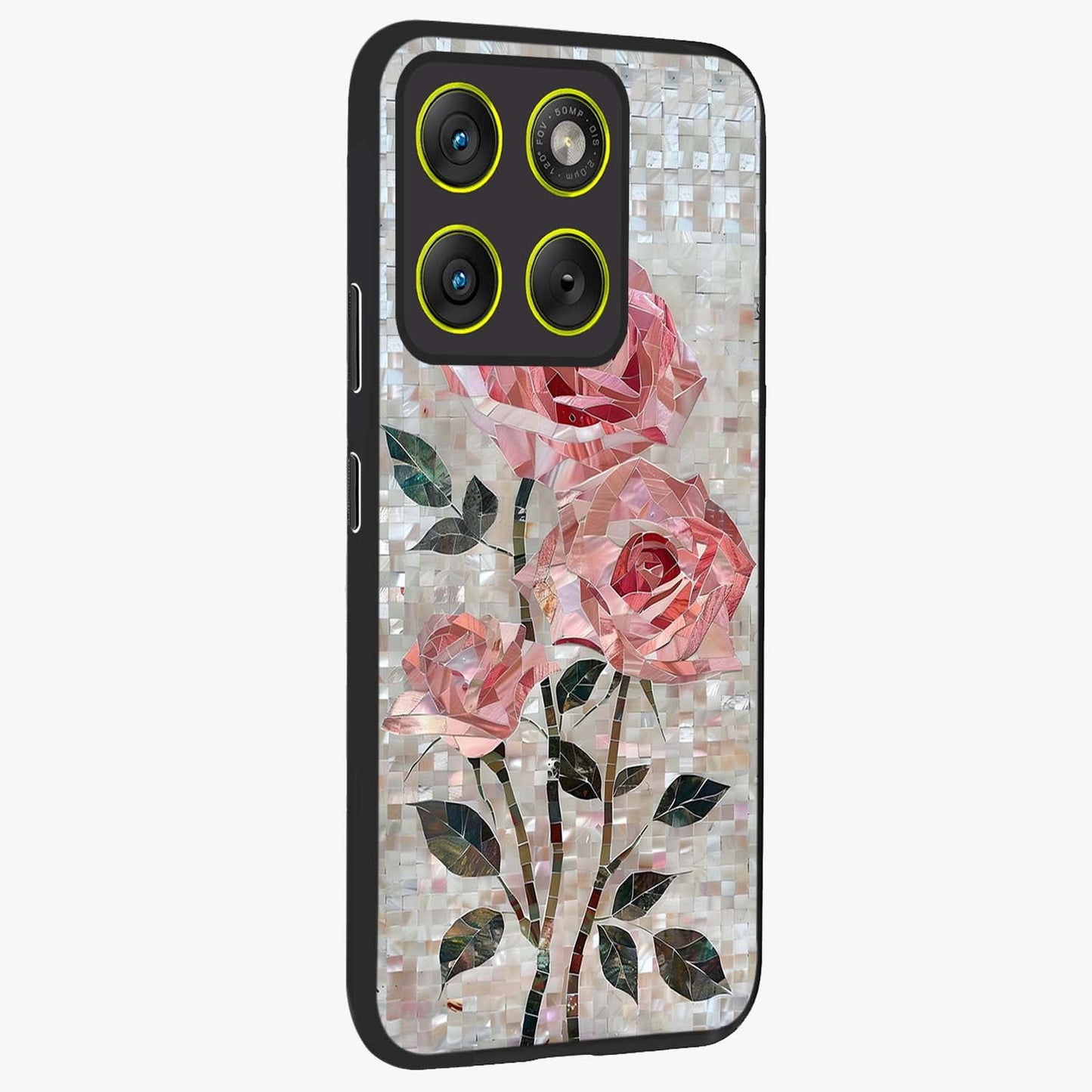 Blush Mosaic Bloom Glass Case upright view showcasing decorative floral mosaic artwork with stylish modern aesthetic.