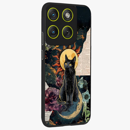 Celestial Black Cat Glass Case upright view showcasing magical black cat illustration with starry cosmic theme.