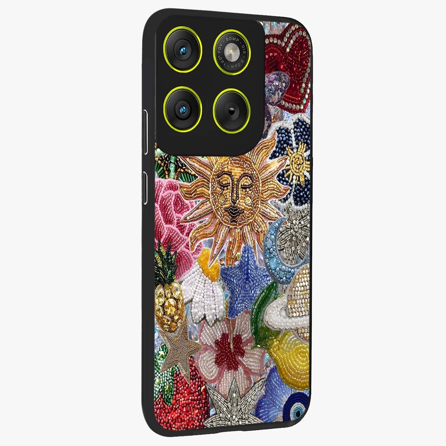 Celestial Floral and Playful Glass Case upright view showcasing whimsical floral artwork with cosmic aesthetic theme.