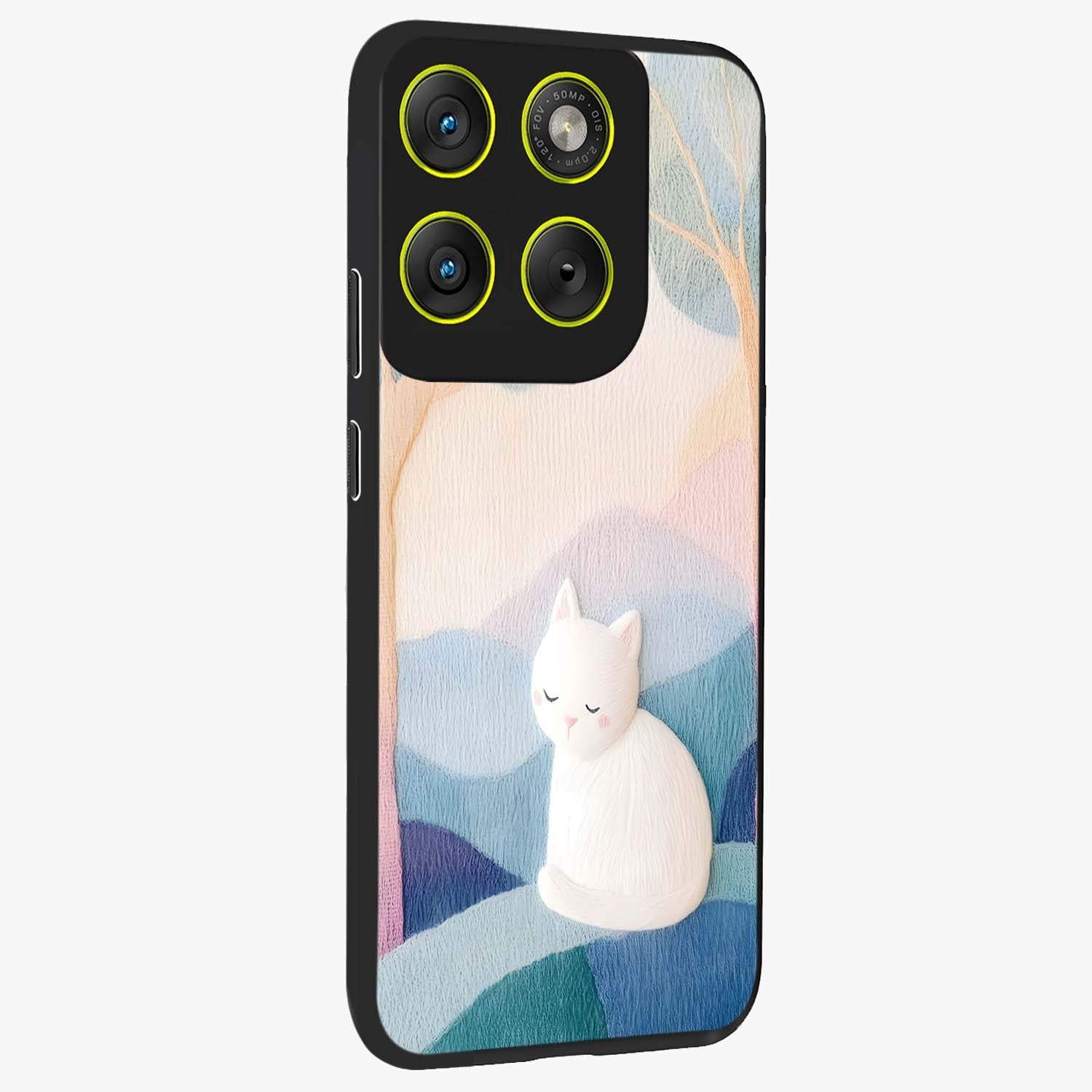 Cotton Dream Cat Glass Case upright view showcasing charming cat artwork with cozy dreamy theme.