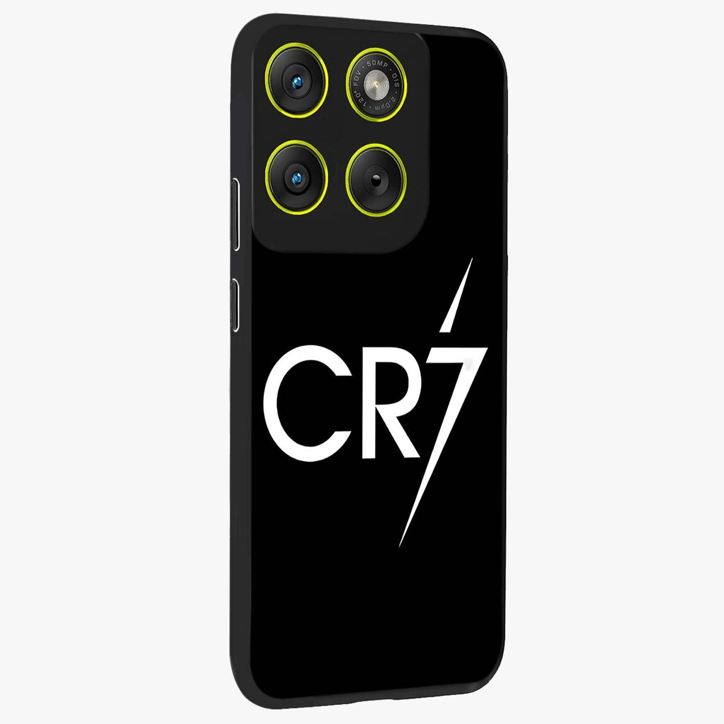 Cr7 Elite Strike Glass Case upright view showcasing energetic football inspired design with modern sports aesthetic.