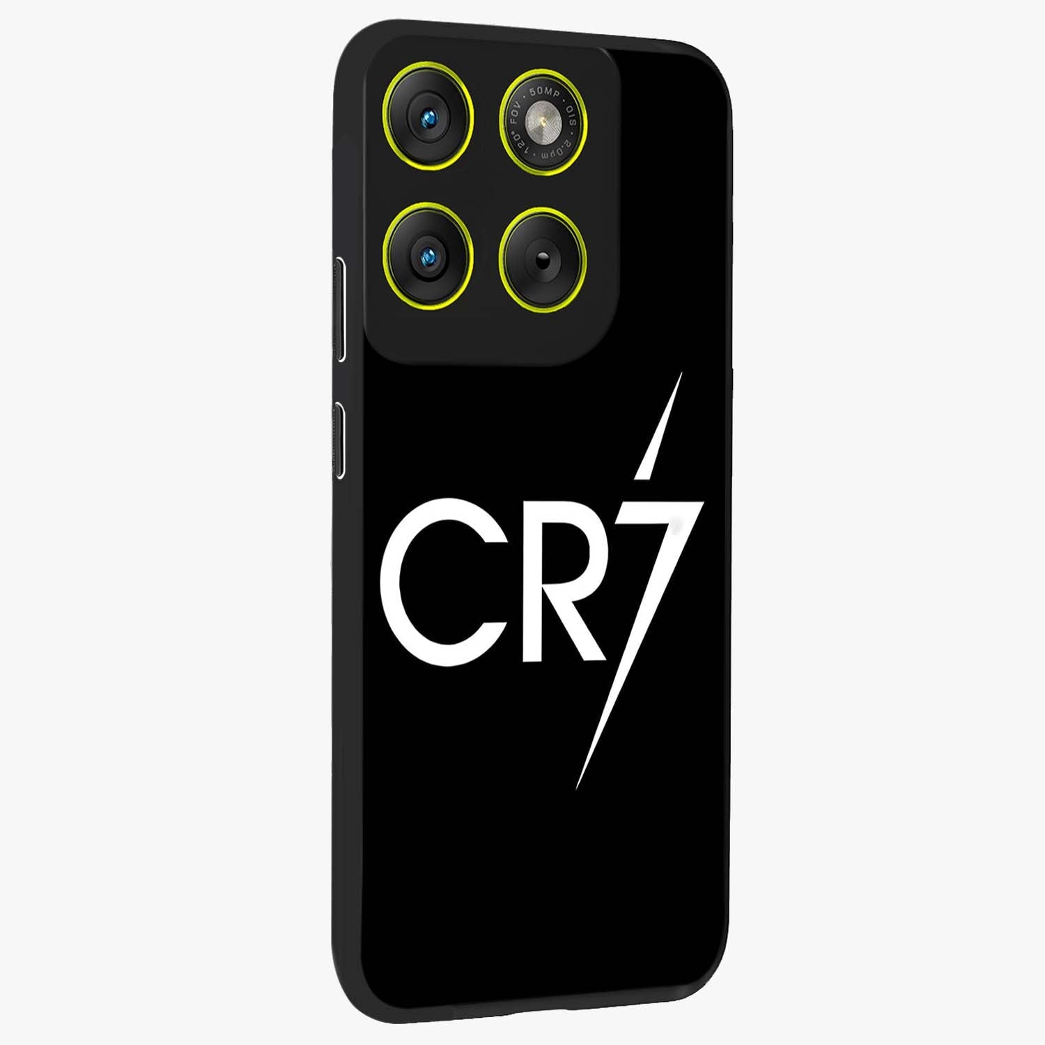 Cr7 Elite Strike Glass Case upright view showcasing energetic football inspired design with modern sports aesthetic.
