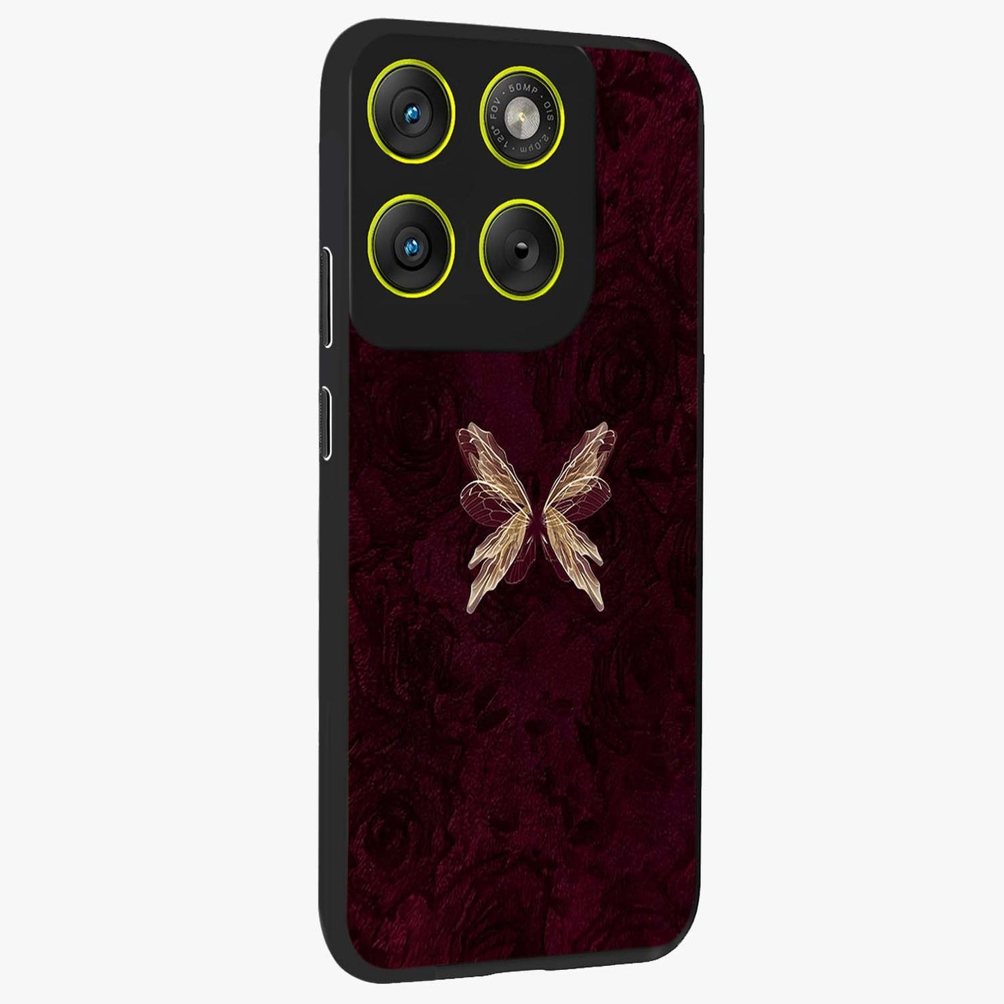 Crimson Fade Butterfly Glass Case upright view showcasing graceful butterfly artwork with soft crimson fade effect.