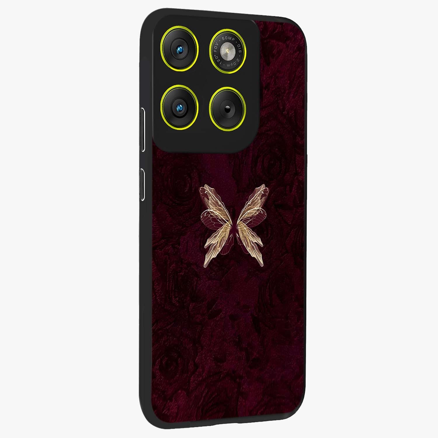 Crimson Fade Butterfly Glass Case upright view showcasing graceful butterfly artwork with soft crimson fade effect.