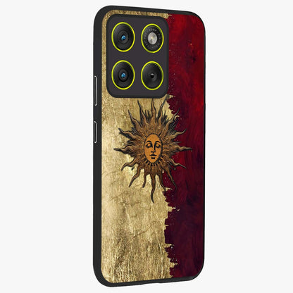 Crimson Sun Majesty Glass Case upright view showcasing vibrant sun artwork with powerful celestial theme.