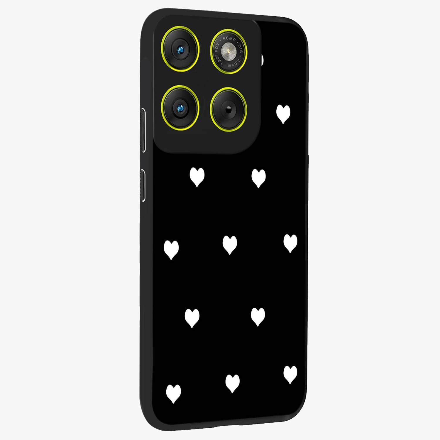 Cute And Simple White Hearts Glass Case upright view showcasing simple white hearts artwork with soft minimal theme.