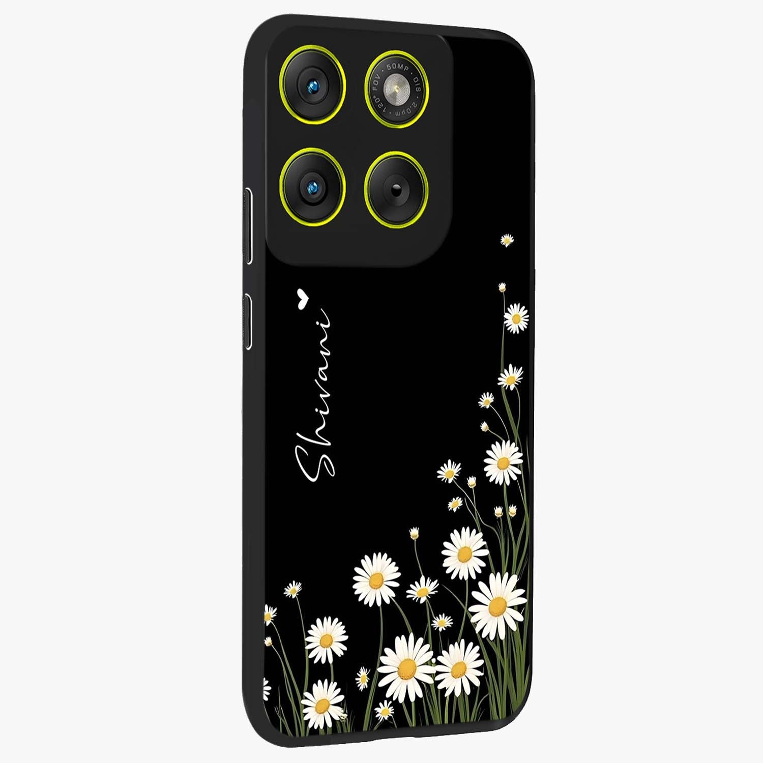 Daisy Cascade Custom Name Glass Case upright view showcasing elegant floral cascade design with personalized aesthetic.