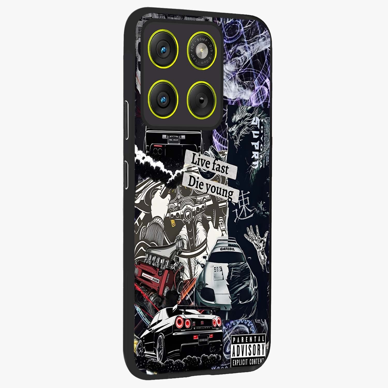 Die Young Glass Case upright view showcasing striking typography artwork with modern statement theme.