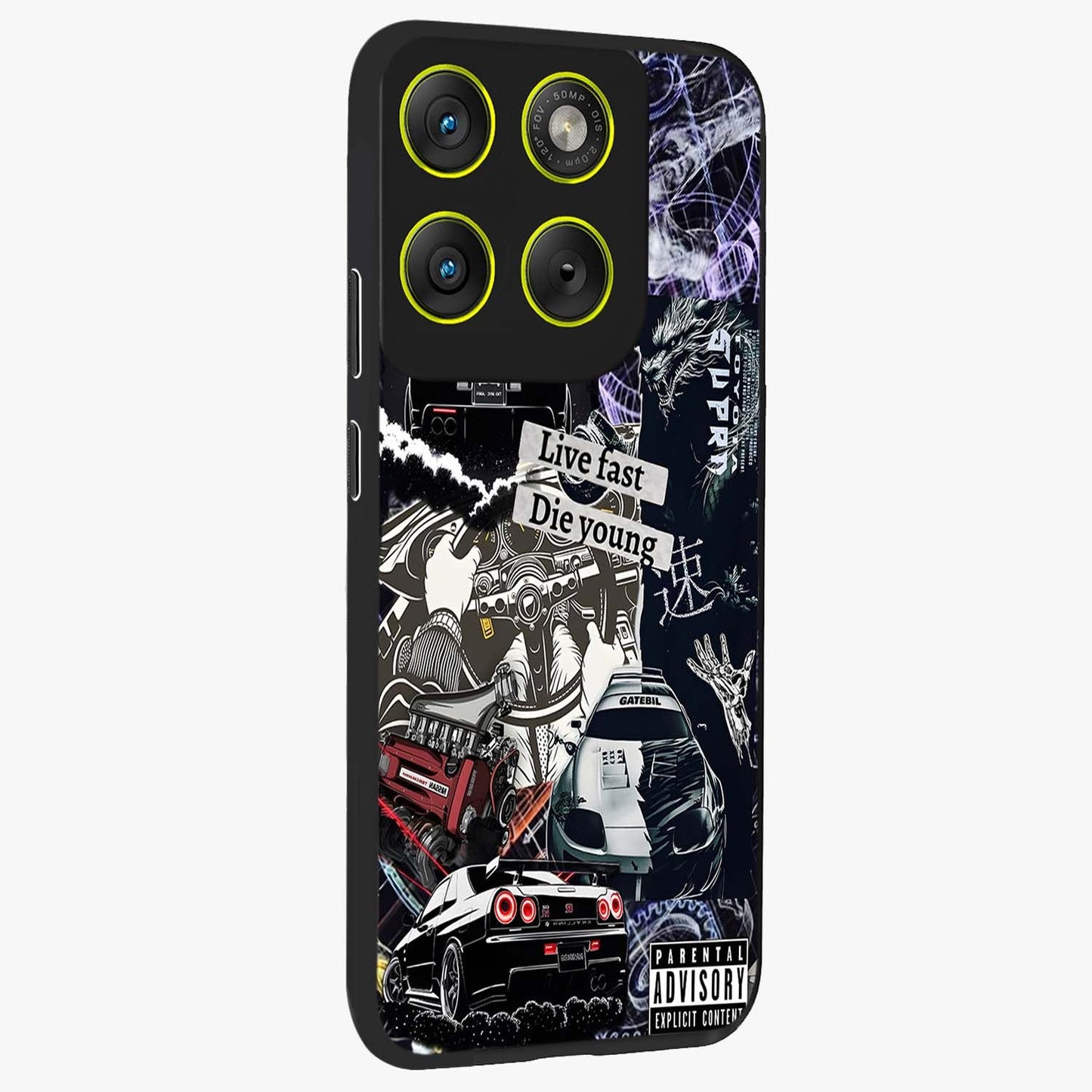 Die Young Glass Case upright view showcasing striking typography artwork with modern statement theme.