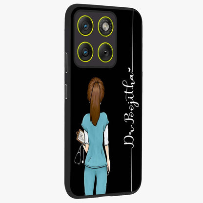 Doctor Pattern Custom Name Glass Case upright view showcasing healthcare themed design with personalized aesthetic.