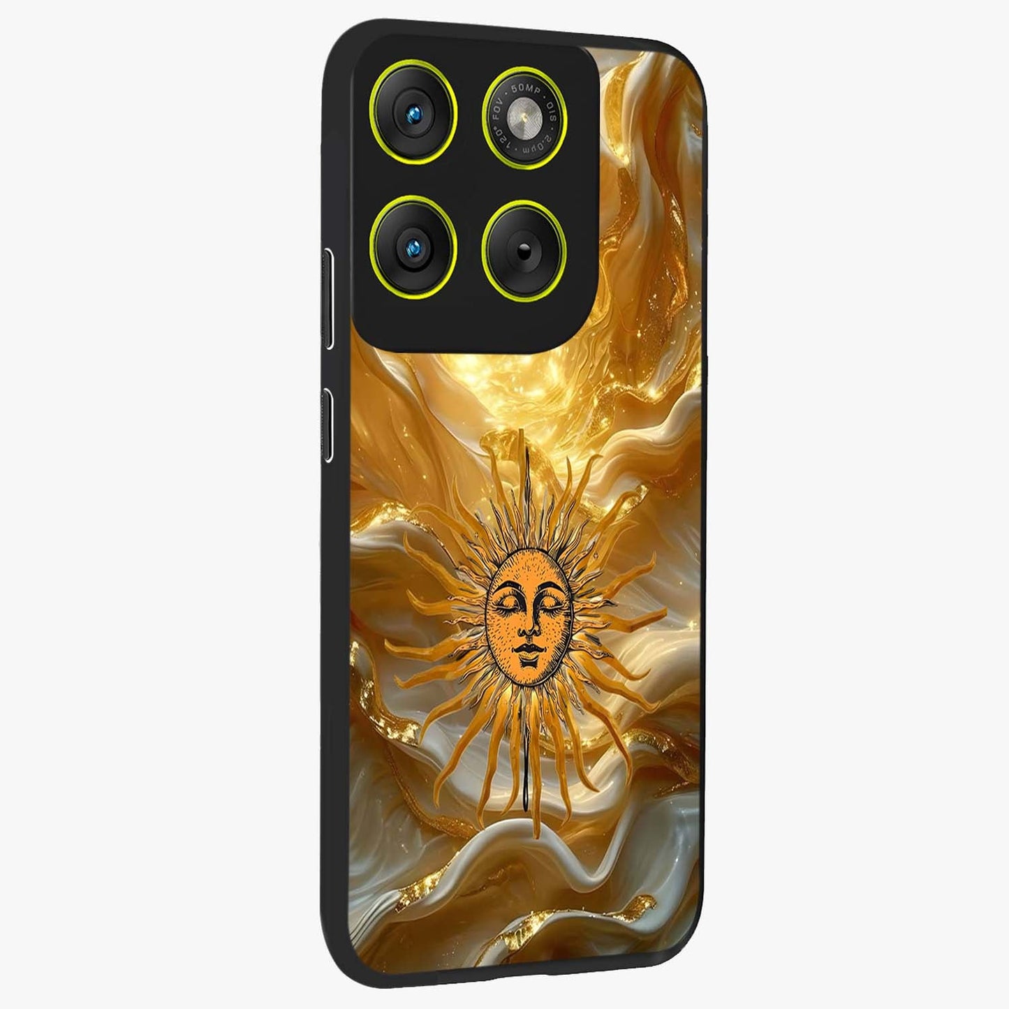Eternal Golden Glow Glass Case upright view showcasing luminous golden artwork with luxurious visual theme.
