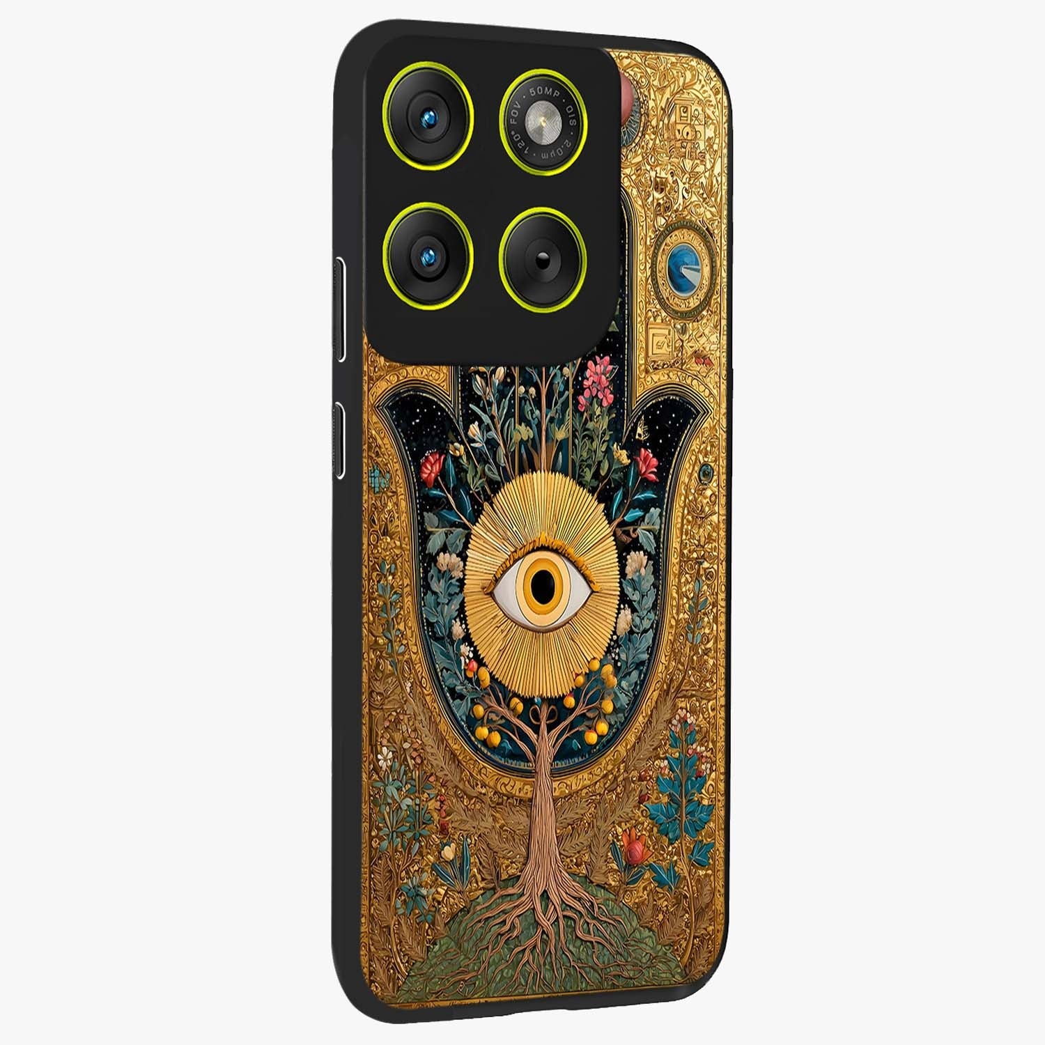 Ethereal Evil Eye Glass Case upright view showcasing celestial evil eye artwork with mystical theme.