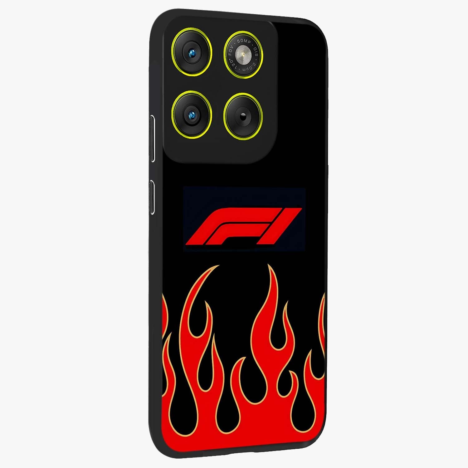 Fire F11 Glass Case upright view showcasing dynamic flame artwork with intense visual theme.