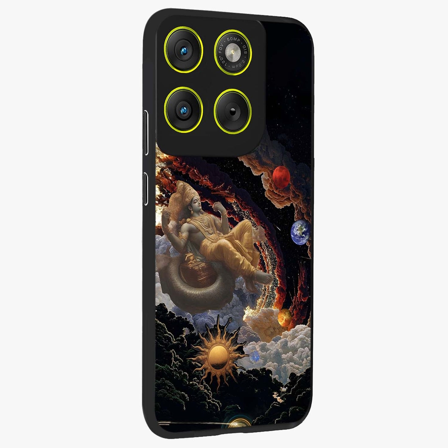 Galactic Divine God Glass Case upright view showcasing mystical divine artwork with dramatic cosmic theme.