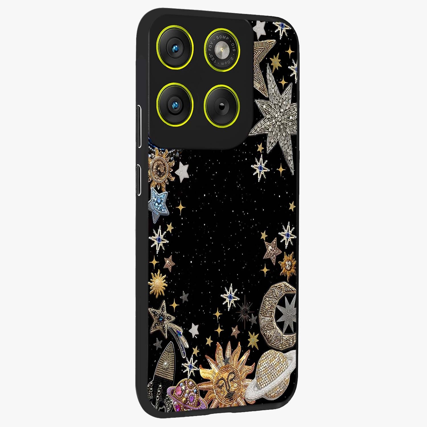 Galactic Jewel Stars Glass Case upright view showcasing glittering star jewel artwork with vibrant galaxy theme.