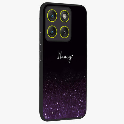 Glittery Purple Bokeh Custom Name Glass Case upright view showcasing vibrant purple sparkle artwork with personalized aesthetic style.